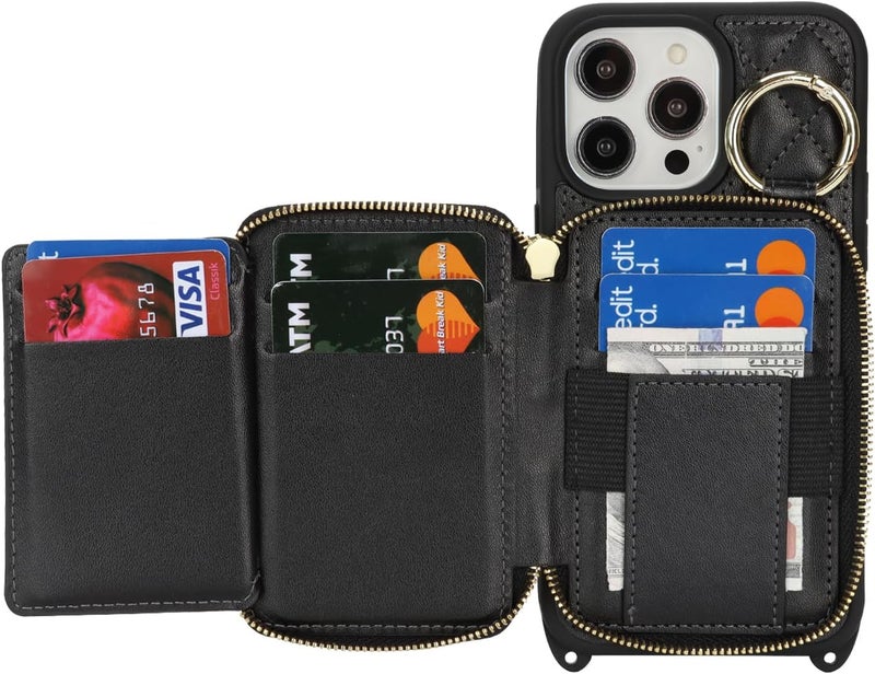 Hamany Crossbody Wallet Case for iPhone 14 Pro Max, PU Leather Zipper Handbag Purse Flip Cover, Kickstand Folio Case with Card Slots Holder Wrist Strap Lanyard 5G 6.7 Inch-Black - Image 5